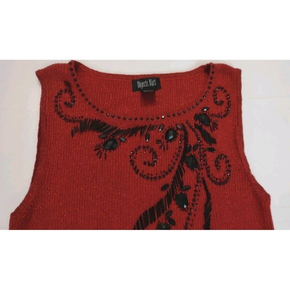 Objects D'art Black Beaded Cotton Metallic Red Sleeveless Sweater Shirt Size M - Picture 3 of 10